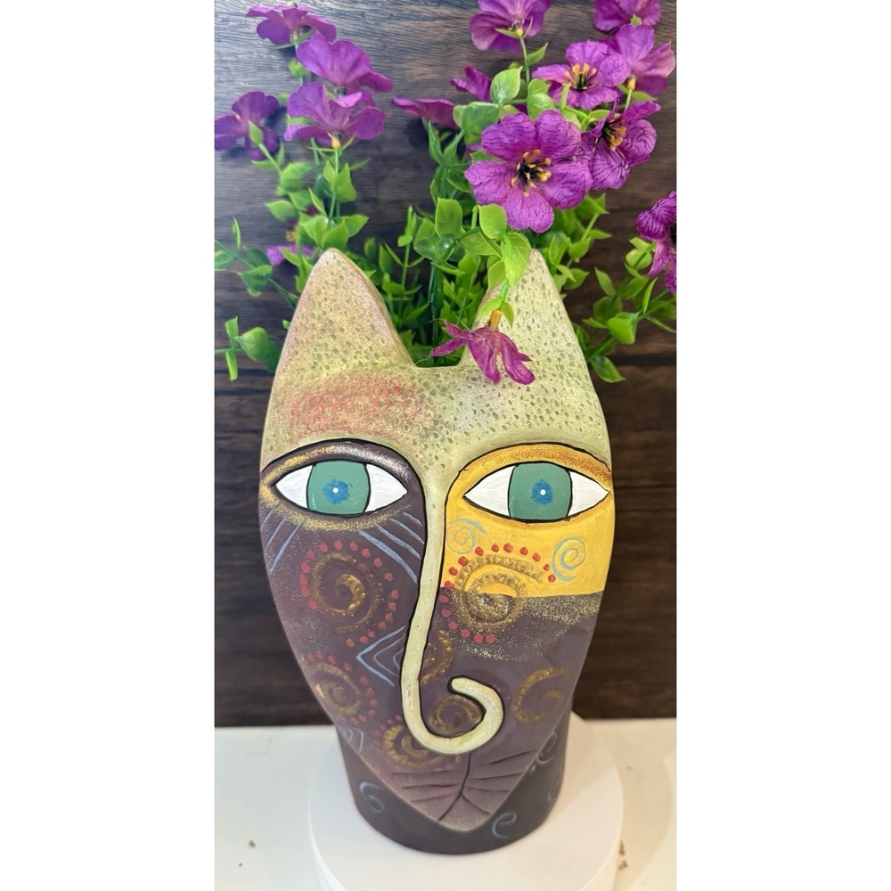 Penco Industries Colorful Ceramic Art Pottery Cat Tribal Vase